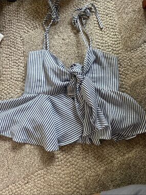 Blue and White Sleeveless Tie Front Blouse